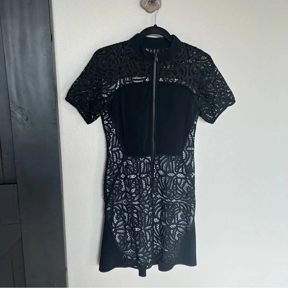 NWOT A.L.C. Jude Short-Sleeve Zip-Front Lace Mini Dress Black Designer Women’s 2 - Picture 2 of 11